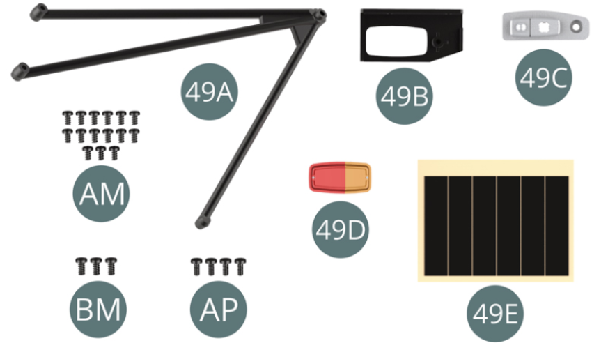 49A Right tripod bar 49B Right tail light housing 49C Right tail light reflector 49D Right tail light49E Adhesive tape (x 6) AM Screw M 1.7 x 3 mm (x 15)AP Screw M 1.7 x 4 mm (x 4) BM Screw M 2.0 x 4 mm (x 3)