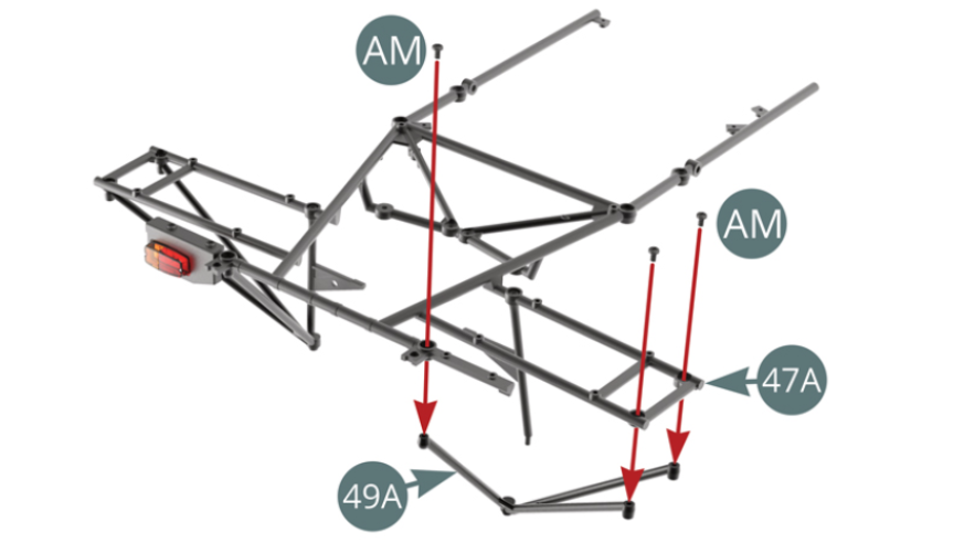 Position the right tripod bar (49A) on the upper frame (47A) and secure it with three screws AM.