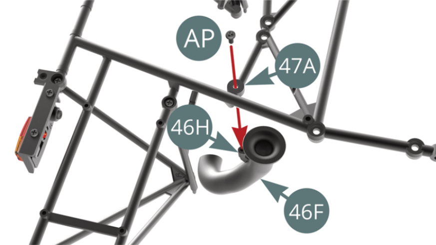 Position the transmission cooling line (46F) on the right side of the upper frame (47A) and secure it with an AP screw. 