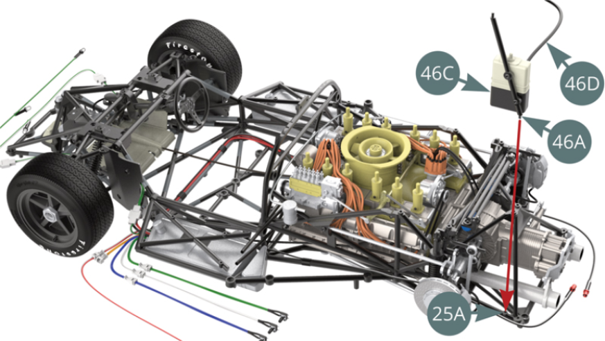 Position the engine oil recovery tank (46C) on the lower frame (25A) via the strut (46A).
