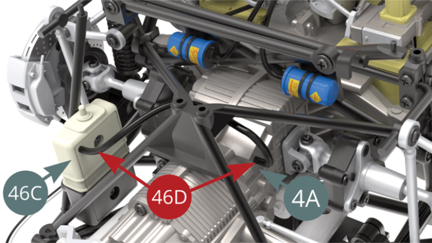 Position the engine oil recovery hose (46D) onto the nipple of the right gearbox housing (4A).
