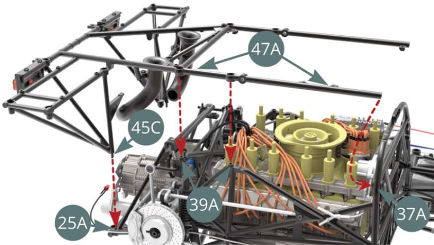 Align and position (by engaging the studs in the corresponding sockets as indicated by the red dotted arrows) the upper frame (47A) and the right-hand stand (45C) on the lower frame (25A), the right side frame (39A) and the cockpit partition frame (37A).