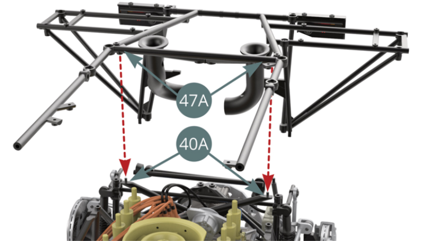 Align and position the upper frame (47A) - by engaging the pins in the corresponding sockets as indicated by the red dotted arrows -  on the X-frame (40A).