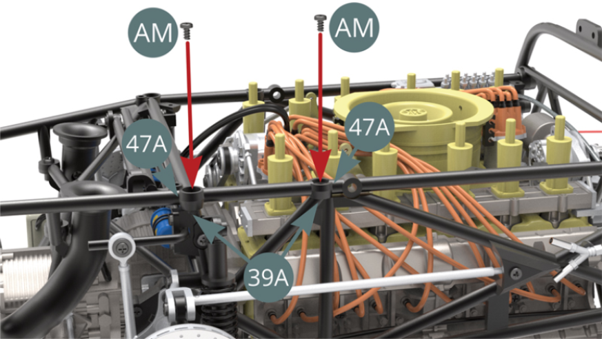Attach the upper frame (47A) to the right side frame (39A) with two AM screws. 