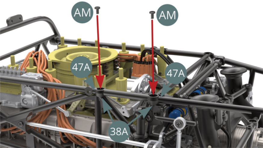 Fix the upper frame (47A) to the left side frame (38A) with two AM screws.