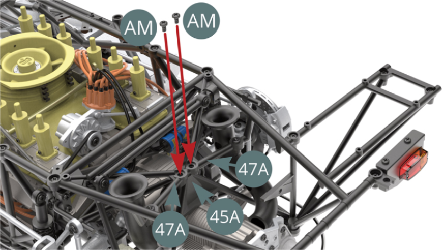 Attach the upper frame (47A) to the reinforcement frame (45A) with two AM screws. 