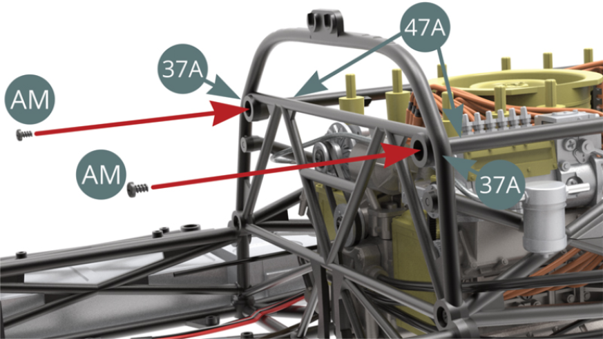Secure the upper frame (47A) to the cockpit partition frame (37A) with two AM screws.