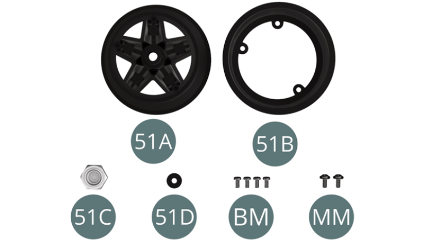 51A Rear wheel outer rim 51B Rear wheel inner rim 51C Hub cover51D Washer BM Screw M 2 x 4 mm (x 4) MM Screw M 2 x 5 x 5mm (x 2)