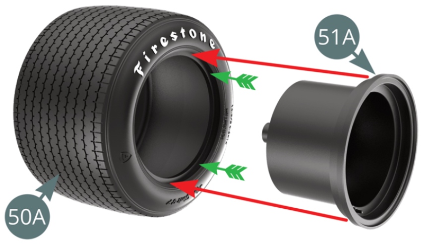 To fit the  tyre (50A) - on the side with the deepest bead, green arrows - to the outer rim (51A), plunge it into hot water for two minutes so that the rubber becomes more flexible.