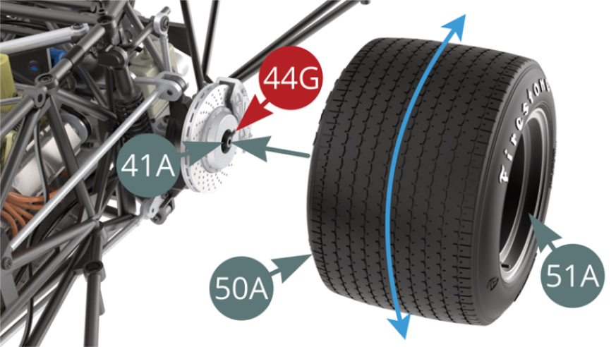 Position the outer rim of the left rear wheel (51A) on the left rear pin (41A) and rotate the wheel (blue arrow) until the locking groove engages the slot in the outer brake half disc (44G).