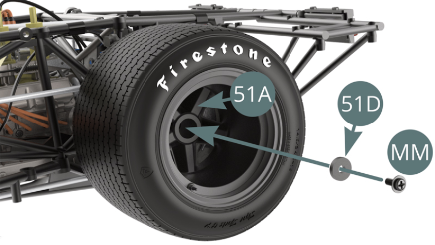 Fix the outer rim of the left rear wheel (51A) with a MM screw by first passing it through the washer (51D). 