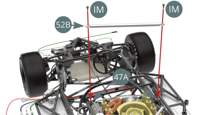 Position the reinforcement bar (52B) on the upper frame supports (47A) and secure it with two IM screws (shown opposite).