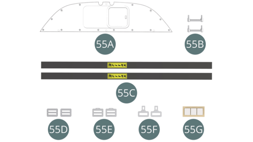 55A Plexiglass partition55B Seat belt support (x 2)55C Seat belt (x 2)55D Buckle, top (x 2)55E Buckle, bottom (x 2)55F Buckle lock (x 2)55G Double-sided tape (x 3)