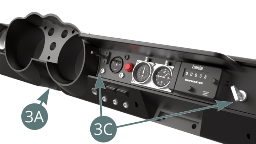 Display panel (3C) positioned on the dashboard (3A). Position the oil gauge and voltmeter block (3J) on the dashboard (3A).