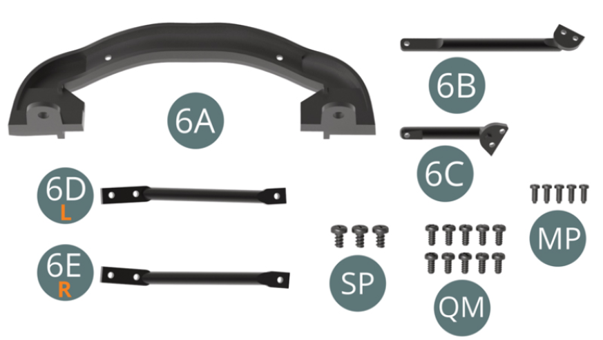 6A Culla di supporto del motore 6B Braccio di supporto del motore superiore destro 6C Braccio di supporto motore superiore sinistro 6D Braccio di supporto motore inferiore sinistro G6E Braccio di supporto motore inferiore destro D Vite SP M 1,7 x 3 mm (x 3) Vite QM M 1,4 x 3 mm (x 10) Vite MP M 1,2 x 3 mm (x 5)