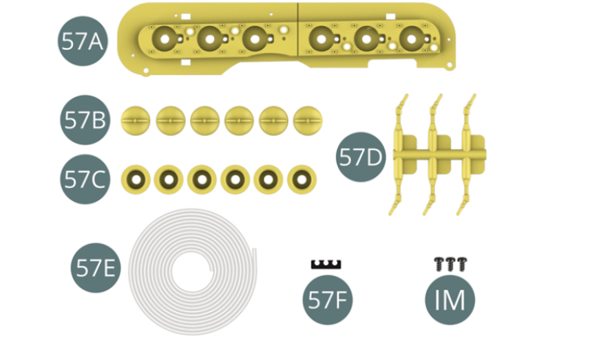57A Trumpet panel right57B Trumpet cap (x 6)57C Trumpet collar (x 6)57D Intake nozzle57E Fuel line57F Guide to Fuel line 1M M Screw 1.7 x 3.5 mm (x 3)