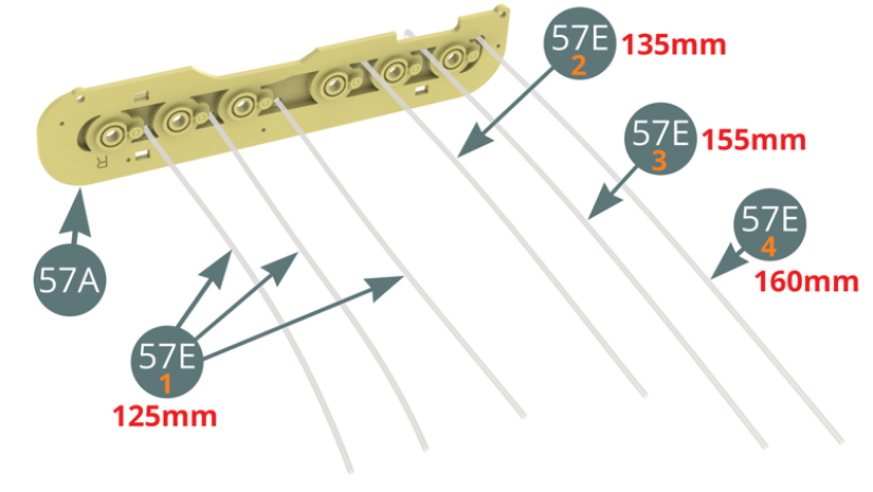 Cut the fuel line (57E) into three lengths: 57E-1 (125 mm), 57E-2 (135 mm), 57E-3 (155 mm) and 57E-4 (160 mm). Pass them through the right-hand trumpet panel (57A) and attach them to their respective nozzles (57D) - see illustrations opposite.