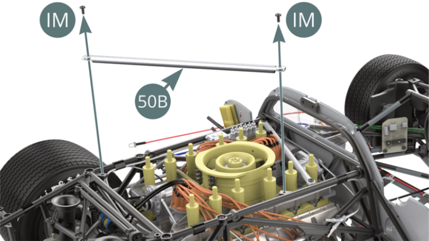 Undo the two IM screws and remove the reinforcement bar (50B). Carefully lift the igniter head (22B) to facilitate the passage of the three fuel lines 57E-1 through the two guide lines (18D).