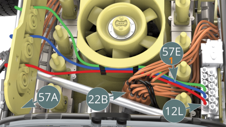 Replace the ignition head (22B). Position the three 57E-1 fuel lines on three injector nozzles (12L) on the inside row. Follow the red, blue and green order as shown.