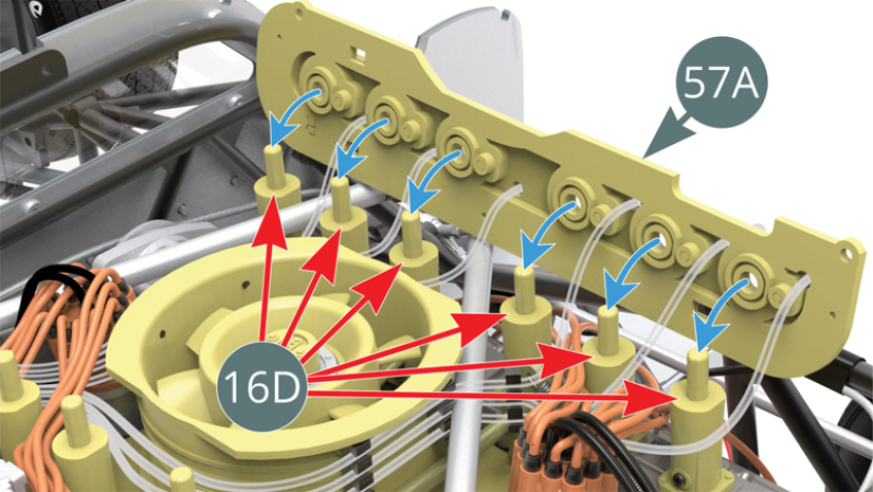 Check that no fuel lines run over the inlet trumpets (16D) - red arrow - and attach the right-hand panel (57A) to them.