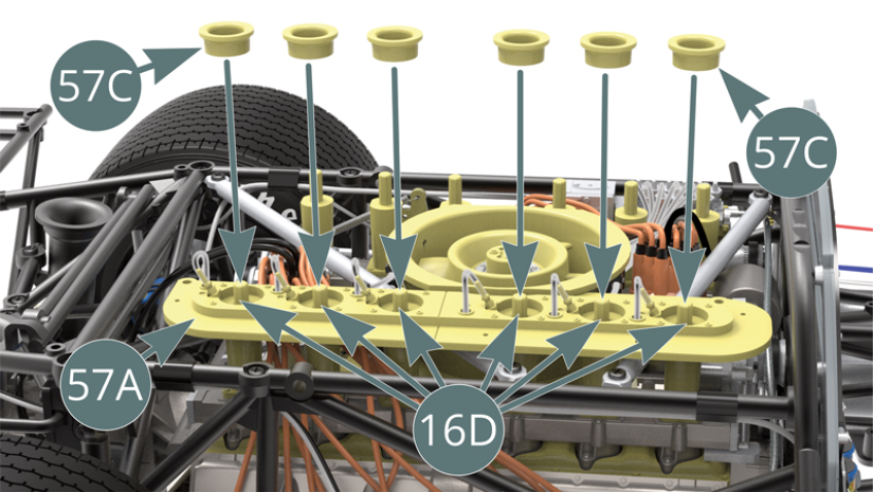 Place the six trumpet caps (57C) on the inlet trumpets (16D) and onto the right-hand panel (57A).