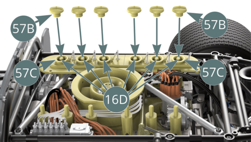 Fit the six trumpet collars (57B) on the inlet trumpets (16D) above the six trumpet collars (57C).