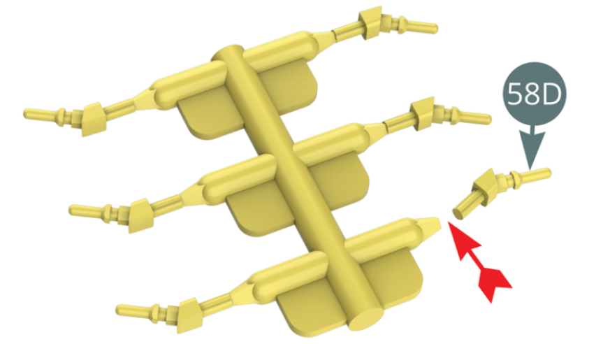 Detach the six inlet nozzles (58D) from the sprue and position them on the left trumpet panel (58A) - see illustrations opposite.