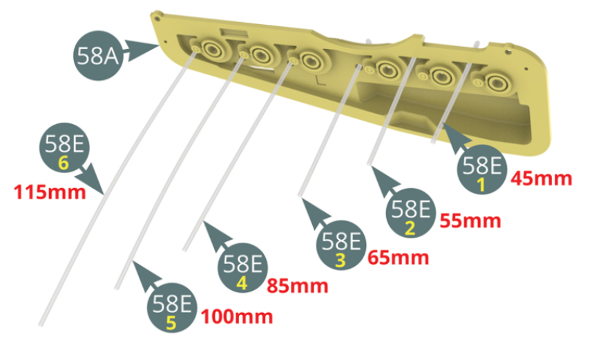 Cut the fuel line (58E) into six lengths: 58E-1 (45 mm), 58E-2 (55 mm), 58E-3 (65 mm) and 58E-4 (85 mm), 58E-5 (100 mm) and 58E-6 (115 mm). Pass them through the left-hand trumpet panel (58A) and attach to their respective nozzles (58D) - illustrations opposite.