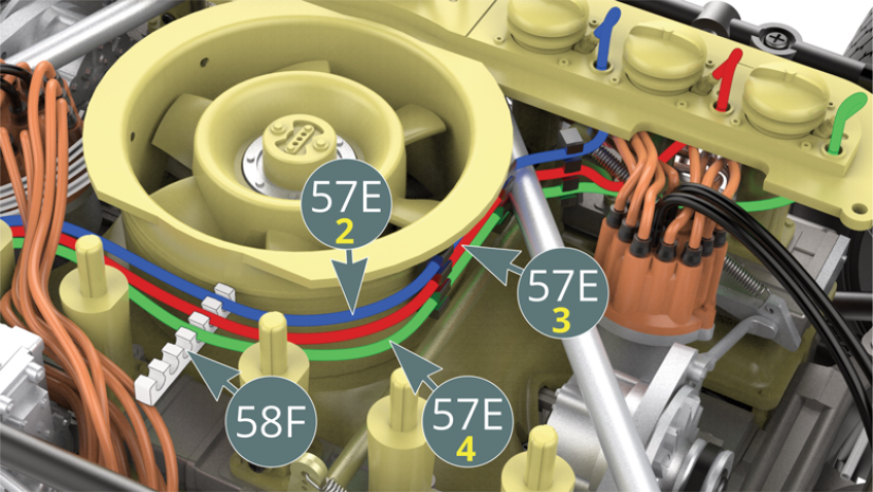 Route the three fuel lines (57E-2, 57E-3 and 57E-4) through the guide line (58F). Observe the running order as indicated by the red, blue and green wires.
