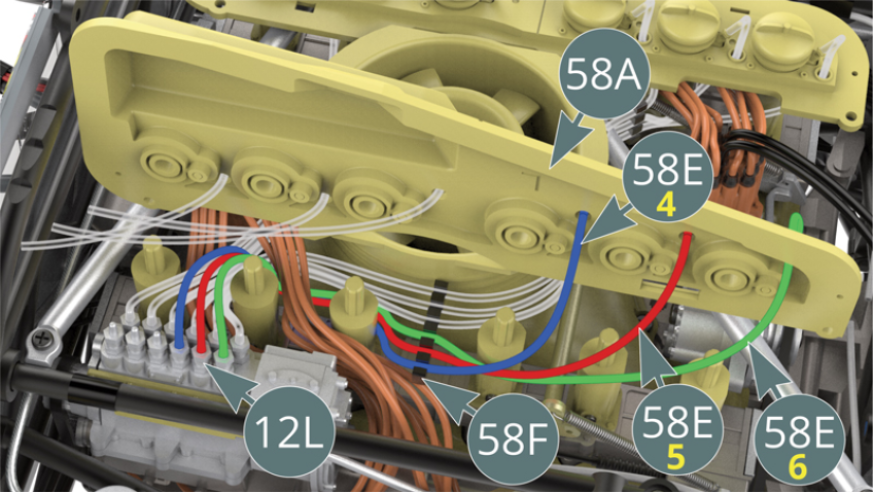 Position the three fuel lines (58E-4, 58E-5 and 58E-6) on three injector nozzles (12L) in the outer row. Follow the red, blue and green order as indicated.