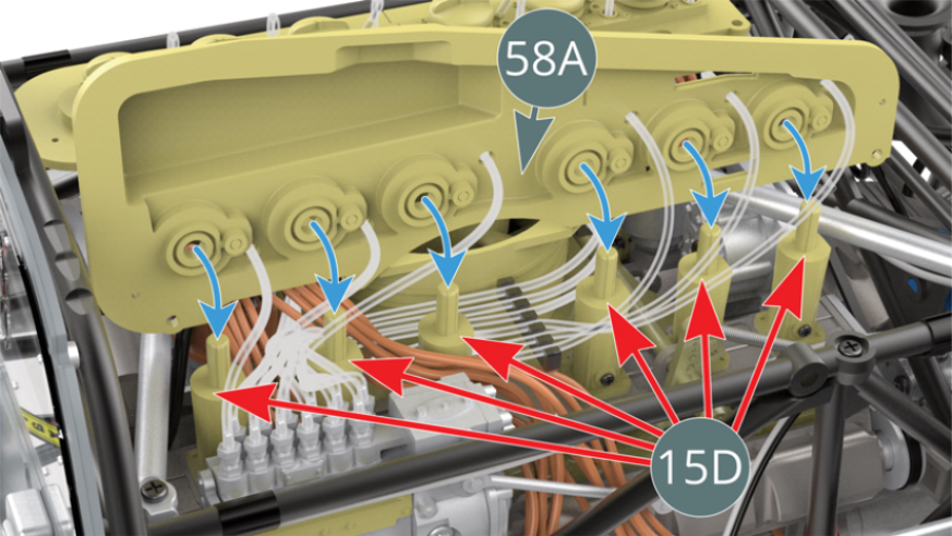 Check that no fuel lines pass over the inlet trumpets (15D) - red arrows - and attach the left panel (58A) to them.