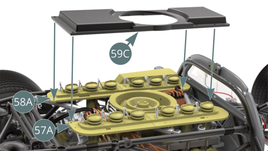 Fit the engine cover (59C) over the left (58A) and right (57A) intake trumpet panels and secure with five LP screws (see illustrations).