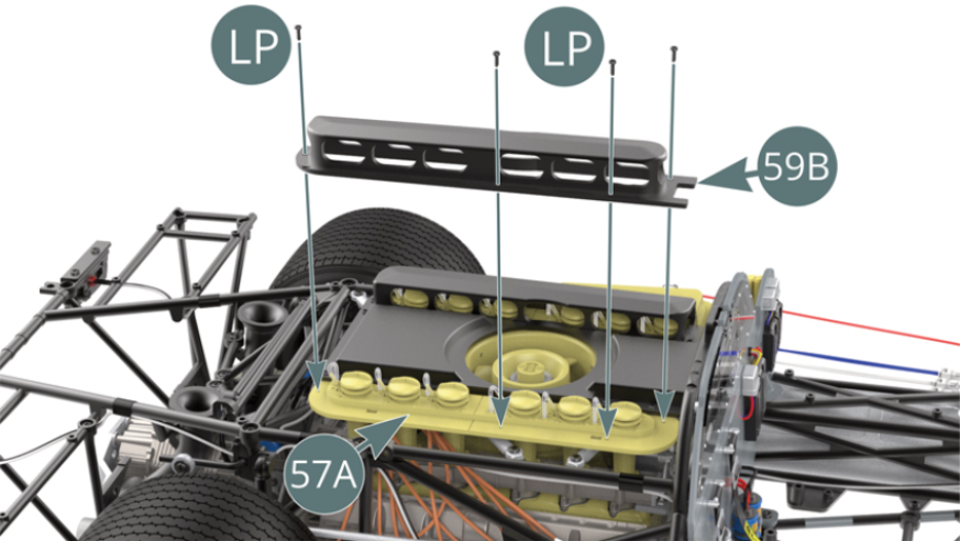 Position the right air intake cover (59B) on the right trumpet panel (57A) and secure with four LP screws.
