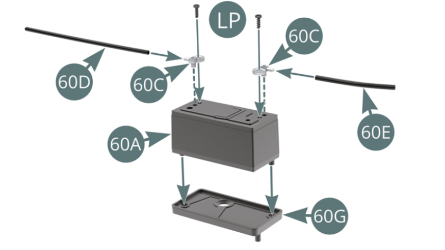 Position the cables (60D and 60E) on the two battery terminals (60C). Position the terminals (60C) onto the battery (60A) and secure with two LP screws. Position the battery (60A) on the holder (60G).