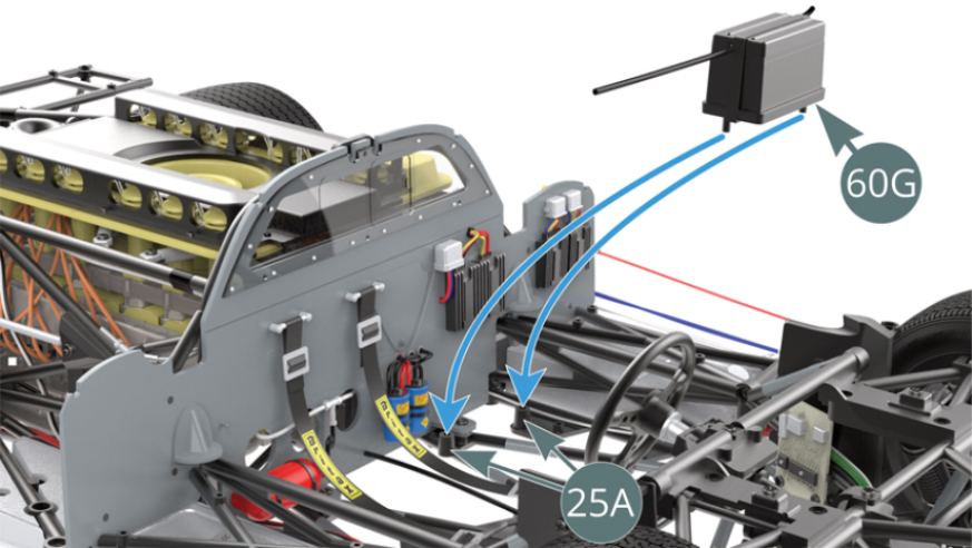 Position the battery holder (60G) on the lower frame (25A) using its two lugs/pins.Connect the cables (60D and 60E) to the lugs on the cockpit bulkhead (54A), just below the ignition box (56K).