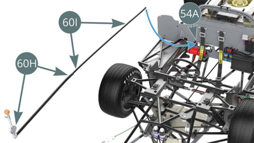 Connect the gear lever (60H) and the gearbox rod (60I), then pass the latter through the opening in the cockpit bulkhead (54A) - see illustrations opposite.