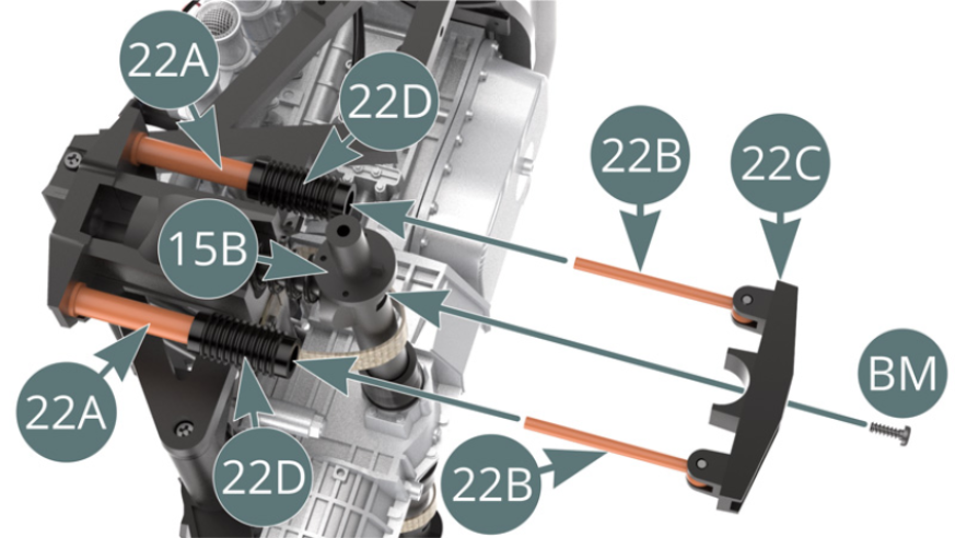 Simultaneously insert both shock pistons (22B) into both shock cylinders (22A) through the two dust boots (22D). Fix the bracket (22C) to the left transmission shaft (15B) with a BM screw.