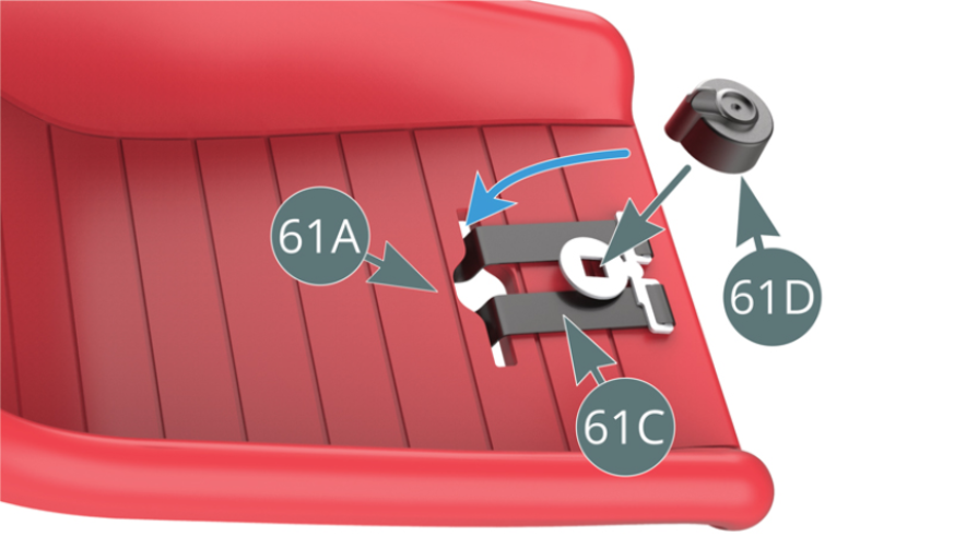 Pass the lower safety belt (61C) through the slot in the driver's seat upholstery (61A) and fit the lock (61D) in its buckle. 