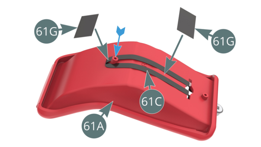 Route the opposite end of the lower safety belt (61C) around the pin on the driver's seat upholstery (61A) - blue arrow - and secure with two strips of tape (61G).