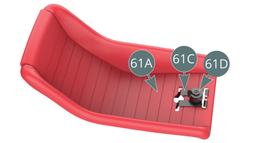 Lower safety belt (61C) with buckle lock (61D) attached to the driver's seat upholstery (61A). 