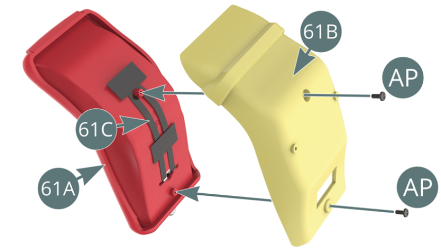 Place the driver's seat upholstery (61A) on the driver's seat (61B) and secure with two AP screws.