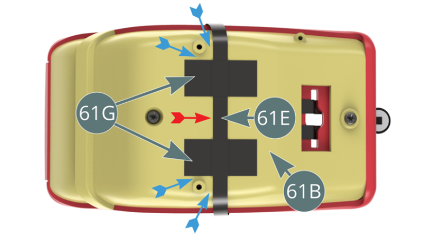 Position the midpoint of the upper safety belt (61E) halfway across the base of the driver's seat (61B) - red arrow - and secure with two pieces of tape (61G). 
