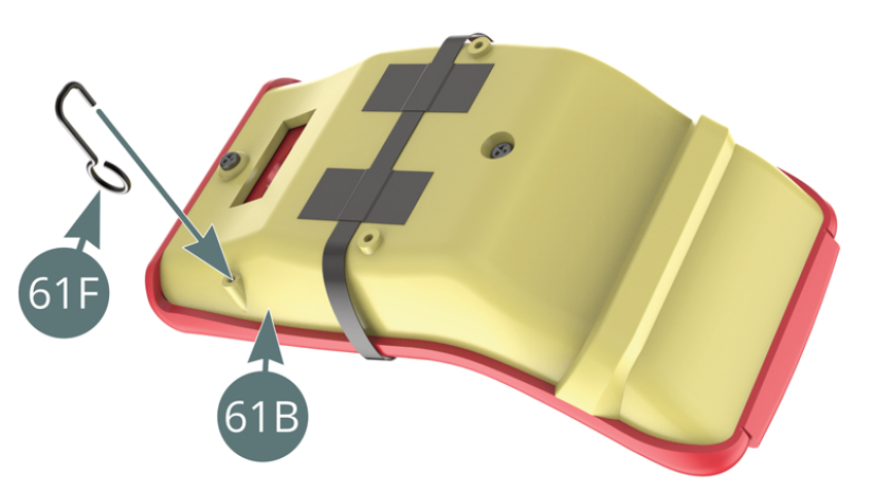 Ensure the tapes are a minimum of 2 mm from the mounting holes (blue arrows). Fit the seat adjustment lever (61F) to the base of the driver's seat (61B).