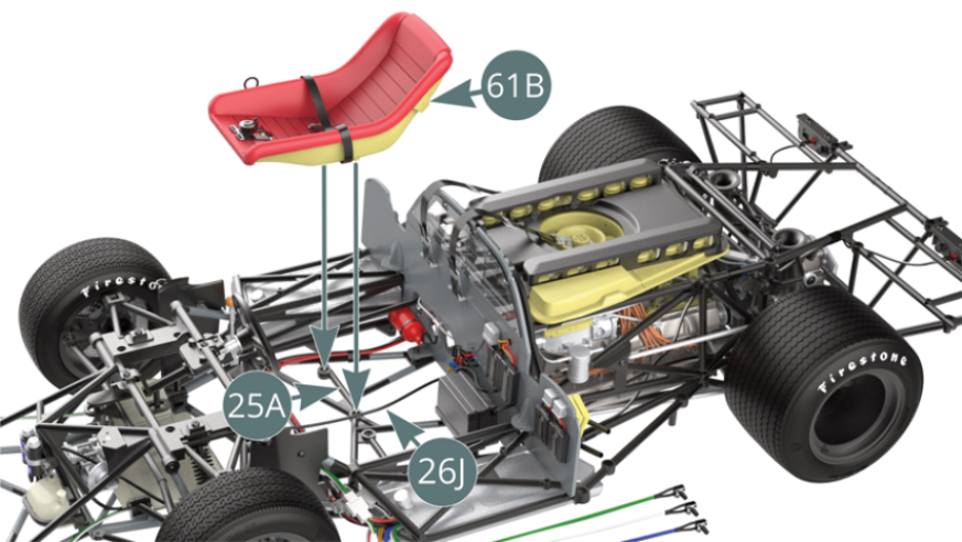 Move the clutch cable (26J) slightly to the left side and mount the driver's seat (61B) on the lower chassis (25A). Secure the driver's seat (61B) to the lower chassis (25A) with two AP screws.