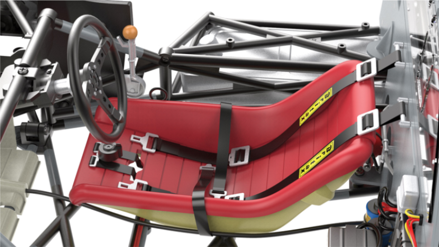 The driver's seat is installed on the chassis.