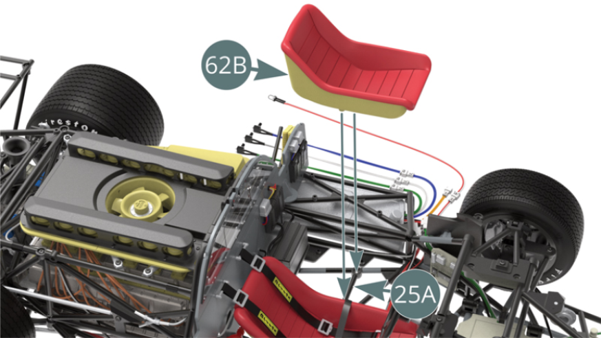 Position the passenger seat (62B) on the lower chassis (25A).
