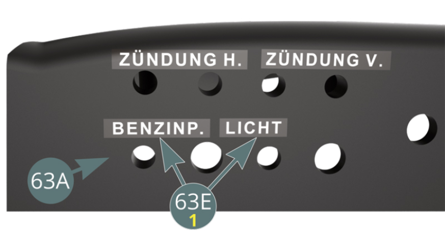 Fuel pump" ( Benzin P. ) and "Light" ( Licht ) decals to be applied to the dashboard (63A).