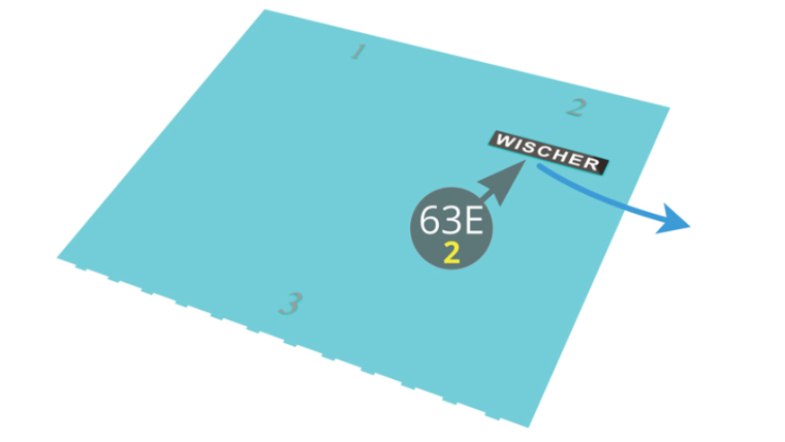 Dip decal (63-E-2) in water for 15 seconds, peel off decal and apply to dashboard (63A) as shown below.The decal "Windscreen Wiper" ( Wischer ) (63E-2) to be applied on the dashboard (63A).