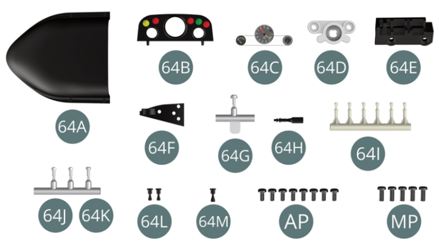 64A Instrument panel cover64B Instrument panel64C Dials64D Reflector panel64E Switch panel64F Switch panel64G Interrupters64H Interrupters64I Interrupters (x 6)64J Interrupters (x 2)64K Fuel pump contactor64L Switch (x 2)64M SwitchAP screw M 1,7 x4mm ( x8 ) MP screw M 2,0 x5mm ( x5 )