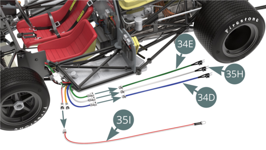 Disconnect the cable from the horn sound switch (34E / green), the cable from the light switch (35H / white), the cable from the engine sound switch (34D / blue) and the cable from the instrument light LED (35I / red-white). 